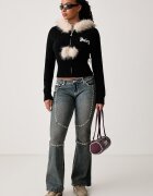 Juicy Couture пуловер със закопчаване дамски с вискоза KNIT JUICY DIAMANTE WITH FUR TRIM черен JCWAS226309
