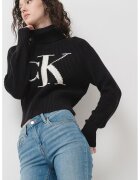 Calvin Klein Jeans Къс пуловер с лого - Черен/Мръснобял