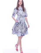 CAMISSI Разкроена флорална рокля с колан - Бял/Сив/Розово