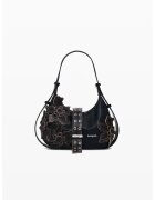 Desigual Чанта за рамо от еко кожа с флорални апликации - Тъмнокафяв/Черен