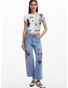 Desigual Къса вталена тениска с принт на Mickey&Minnie - Бял/Светло