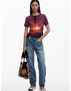 Desigual Тениска с овално деколте и десен - Черен/Оранжев/Виолетов