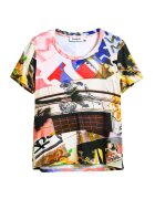 Desigual Тениска с овално деколте и графична шарка - Шафраново жълто/Индигово синьо/Мръснобял