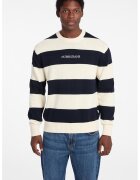 Guess Jeans Раиран пуловер с овално деколте и лого - Слонова кост/Тъмносин