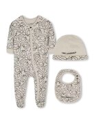 KARL LAGERFELD KIDS Гащеризон с лого - шапка и лигавник - 3 части - Черен/Бежов