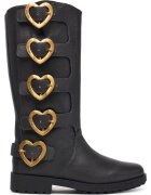 Love Moschino високи ботуши от естествена кожа с платформа и златни катарами във формата на сърце - черно