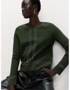 Marks  Spencer Пуловер с овално деколте и декоративни камъни - Тъмнозелен/Сребрист