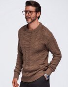 OMBRE Мъжки пуловер овално деколте - стандартна кройка - дълги ръкави - релефна шарка - тъмнокафяв