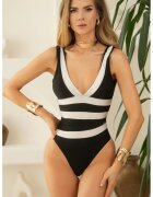 Sugar Couture Цял бански костюм “The Signature Brazilian Body” с V-образно деколте - черно-бял - лимитирана серия