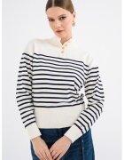 Tommy Hilfiger Раиран пуловер с органичен памук с копчета - Бял/Бежов