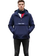 Tommy Hilfiger Ветровка Tommy Jeans Double Layer тъмносиня с качулка - 100% полиамид - модерен дизайн - без шарка