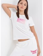 Tommy Jeans Тениска с шпиц и овално деколте - Пастелнорозов/Мръснобял