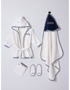 US Polo Assn Комплект Халат с качулка - кърпа и домашни пантофи - 4 части - Мръснобял/Тъмносин