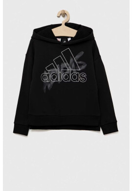 adidas Детски памучен суичър в черно с качулка с принт - Pepit.bg