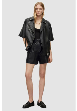 AllSaints Кожени къси панталони в черно с изчистен дизайн с висока талия - Pepit.bg