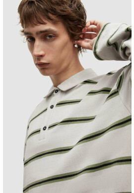 AllSaints Памучна тениска с яка в сиво с десен - Pepit.bg
