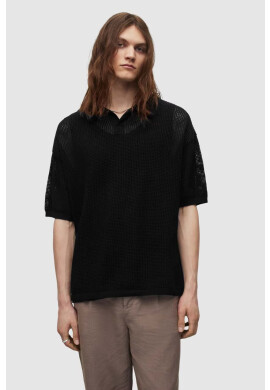 AllSaints Памучна тениска с яка в черно с изчистен дизайн - Pepit.bg