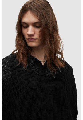 AllSaints Памучна тениска с яка в черно с изчистен дизайн - Pepit.bg