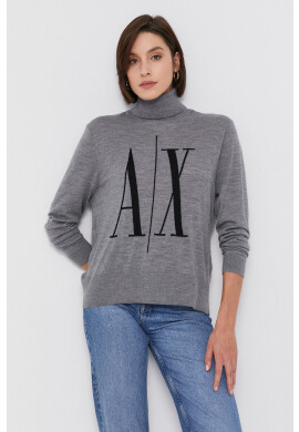 Armani Exchange Вълнен пуловер дамски в сиво от лека материя с поло - Pepit.bg