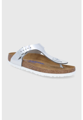 Birkenstock Кожени джапанки Gizeh дамски в сребристо с равна подметка - Pepit.bg