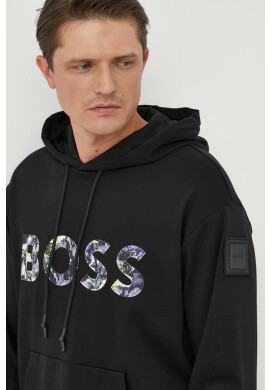 Boss Green Памучен суичър BOSS в черно с качулка с принт - Pepit.bg