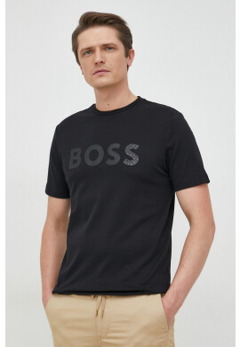 Boss Памучна тениска в черно с апликация - Pepit.bg