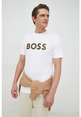 Boss Памучна тениска в бяло с апликация - Pepit.bg