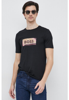 Boss Памучна тениска в черно с принт - Pepit.bg