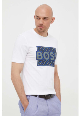Boss Памучна тениска в бяло с принт - Pepit.bg