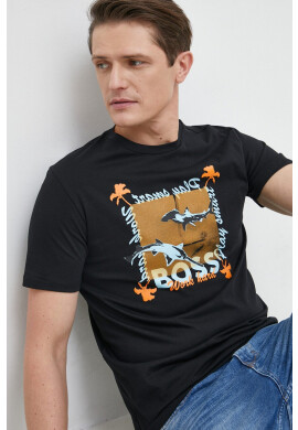 Boss Orange Памучна тениска BOSS в черно с принт - Pepit.bg