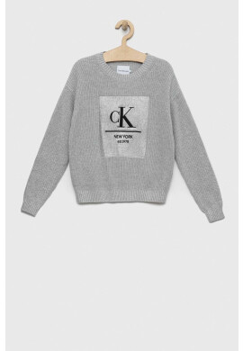 Calvin Klein Jeans Детски памучен пуловер в сребристо от лека материя - Pepit.bg