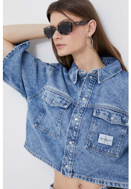 Calvin Klein Jeans Дънкова риза дамска в синьо със свободна кройка с класическа яка - Pepit.bg