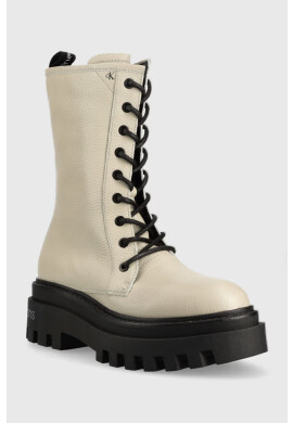 Calvin Klein Jeans Кожени кубинки Flatform Mid Laceup Boot в сиво с платформа - Pepit.bg