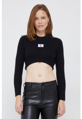 Calvin Klein Jeans Памучен пуловер дамски в черно от лека материя с ниско поло - Pepit.bg