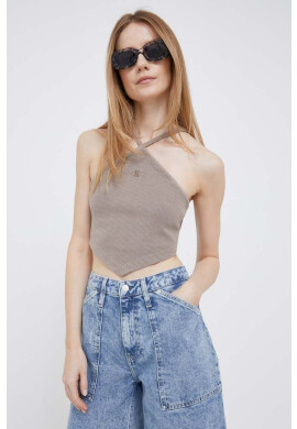 Calvin Klein Jeans Памучен топ в кафяво с голи рамене - Pepit.bg