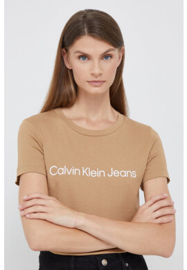Calvin Klein Jeans Памучна тениска в бежово с принт - Pepit.bg