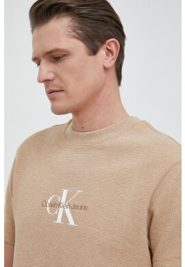 Calvin Klein Jeans Памучна тениска в бежово с десен - Pepit.bg