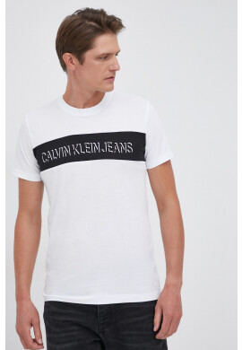 Calvin Klein Jeans Памучна тениска в бежово с принт - Pepit.bg
