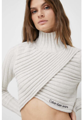 Calvin Klein Jeans Пуловер с вълна дамски в бежово от лека материя с ниско поло - Pepit.bg