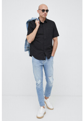 Calvin Klein Jeans Риза с лен в черно със стандартна кройка с класическа яка - Pepit.bg