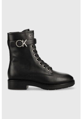 Calvin Klein Кожени боти Rubber Sole Combat Boot в черно с равна подметка - Pepit.bg