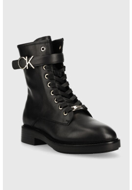 Calvin Klein Кожени боти Rubber Sole Combat Boot в черно с равна подметка - Pepit.bg