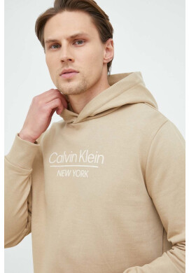 Calvin Klein Памучен суичър в бежово с качулка с десен - Pepit.bg