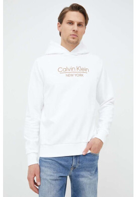 Calvin Klein Памучен суичър в бяло с качулка с десен - Pepit.bg