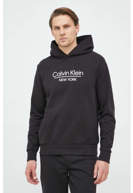 Calvin Klein Памучен суичър в черно с качулка с десен - Pepit.bg