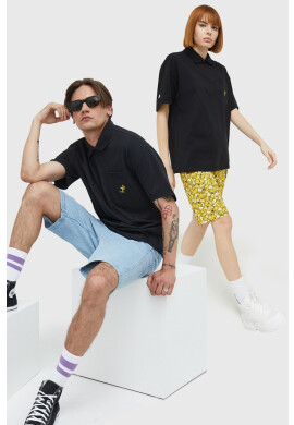 Converse Памучна тениска с яка в черно с изчистен дизайн - Pepit.bg