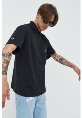 Converse Памучна тениска с яка в черно с изчистен дизайн - Pepit.bg
