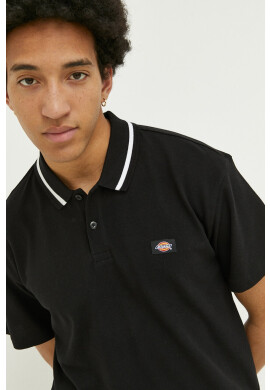 Dickies Памучна тениска с яка в черно с изчистен дизайн - Pepit.bg