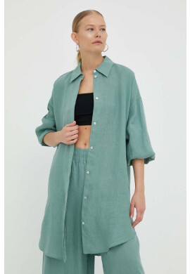 Drykorn Ленена риза Midinia в зелено със свободна кройка с класическа яка - Pepit.bg