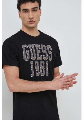 Guess Памучна тениска в черно с апликация - Pepit.bg
